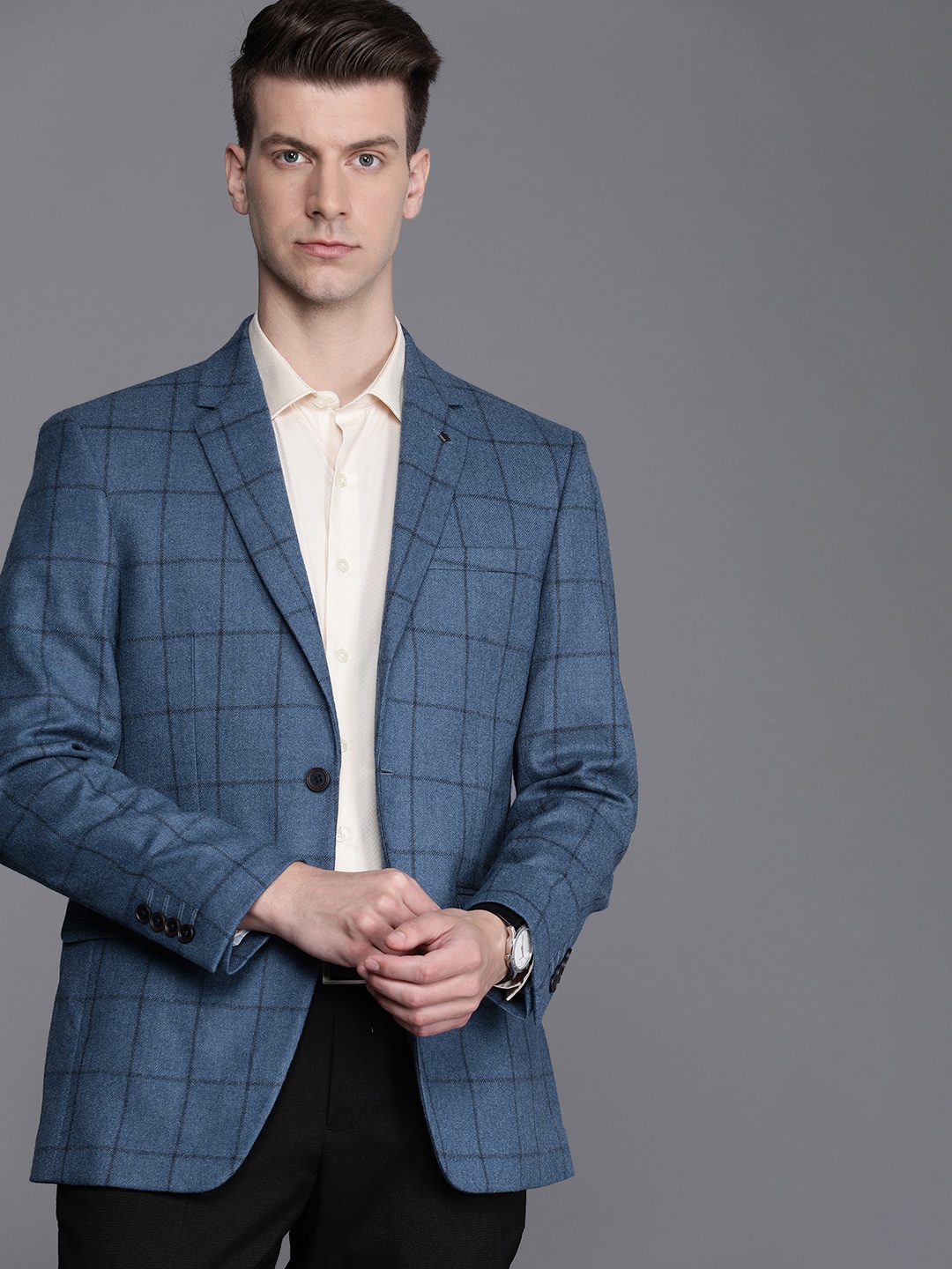 

Louis Philippe Pure Wool Checked Single-Breasted Regular Fit Formal Blazer, Blue