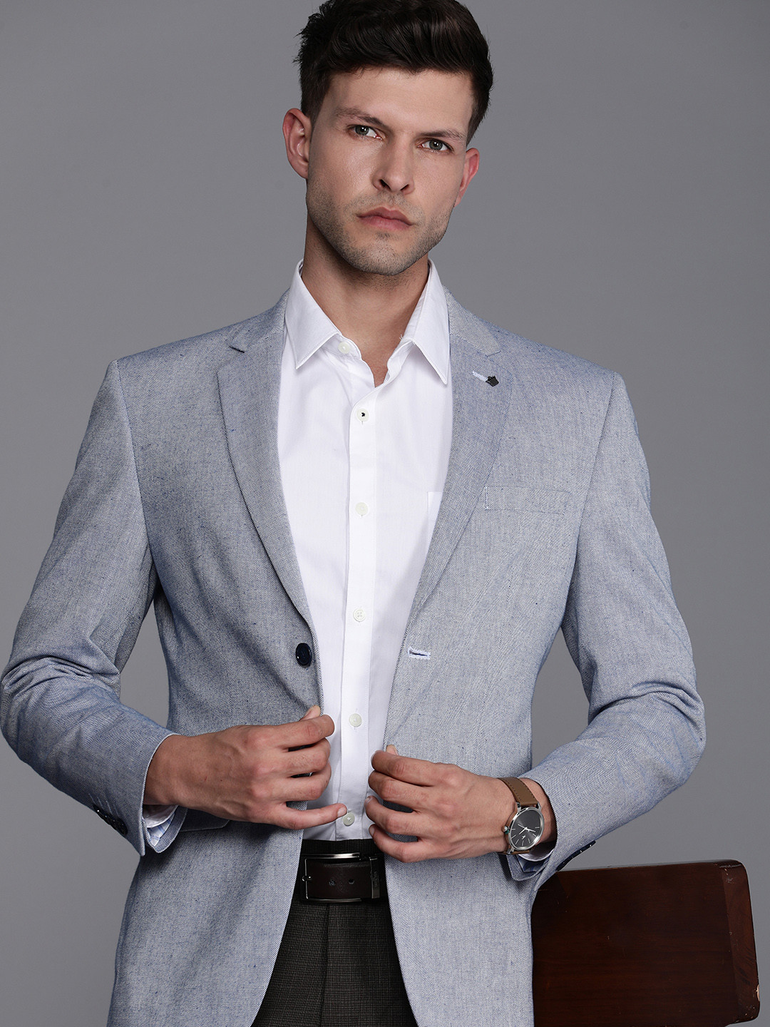 

Louis Philippe Cotton Linen Self Design Single-Breasted Formal Blazers, Blue