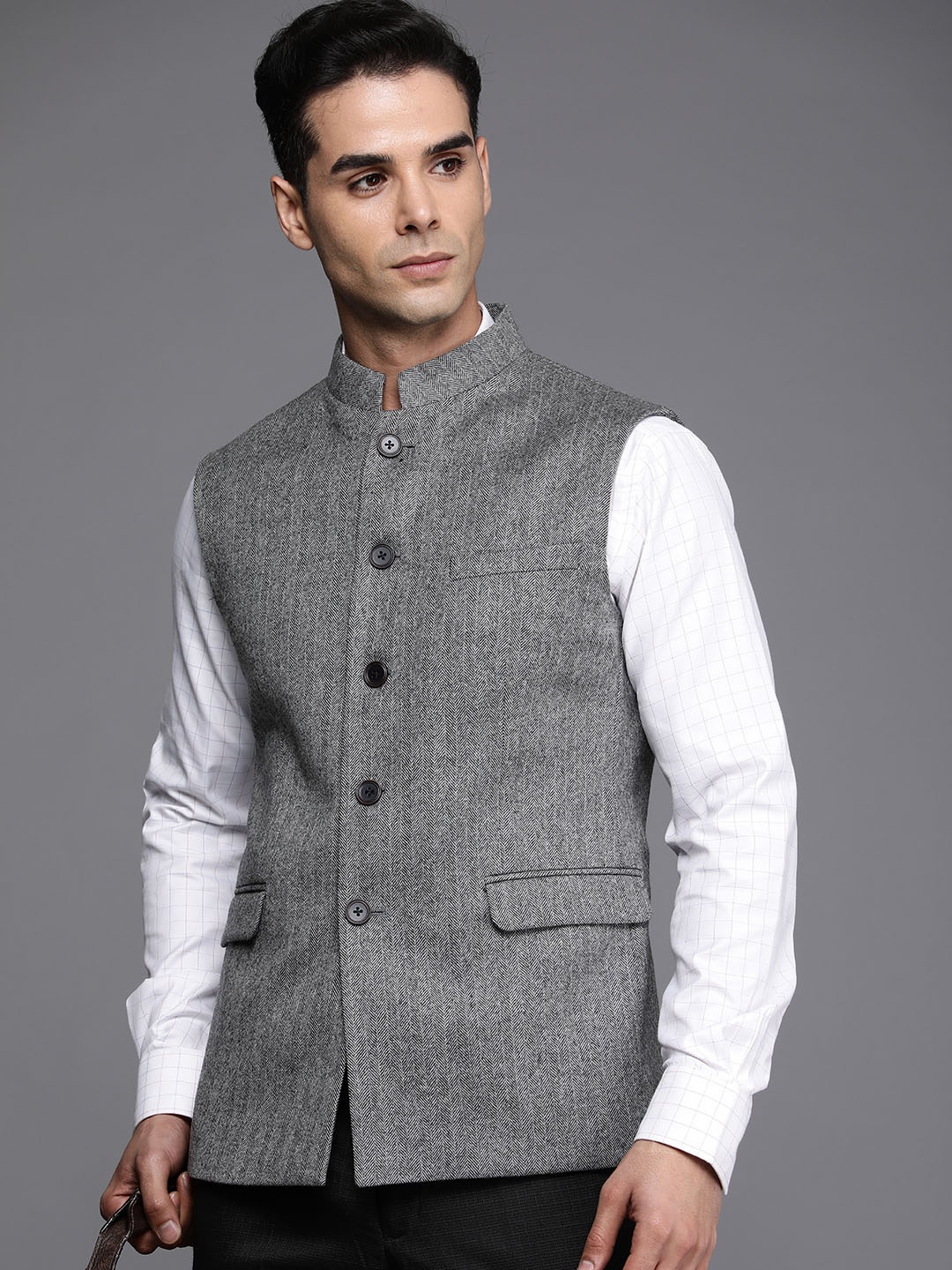 

Louis Philippe Men Woven Design Formal Nehru Jacket, Grey
