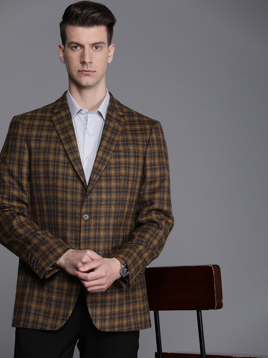 

Louis Philippe Men Checked Single-Breasted Blazer, Mustard