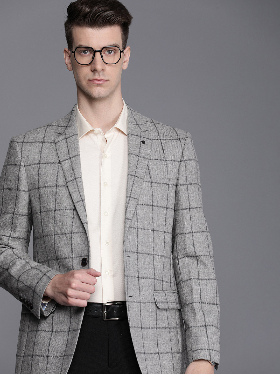 

Louis Philippe Men Tailored Fit Checked Single-Breasted Formal Blazer, Grey