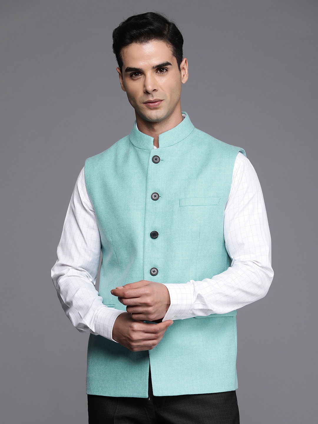 

Louis Philippe Men Slim Fit Pure Wool Nehru Jackets, Blue