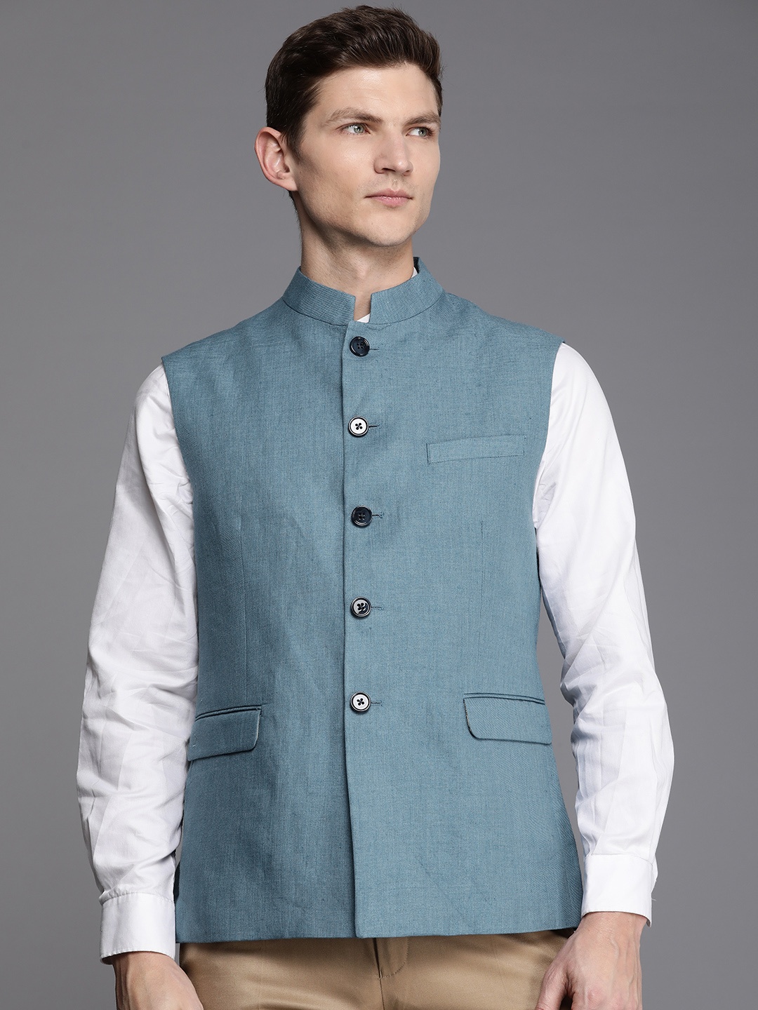 

Louis Philippe Pure Linen Nehru Jacket, Blue