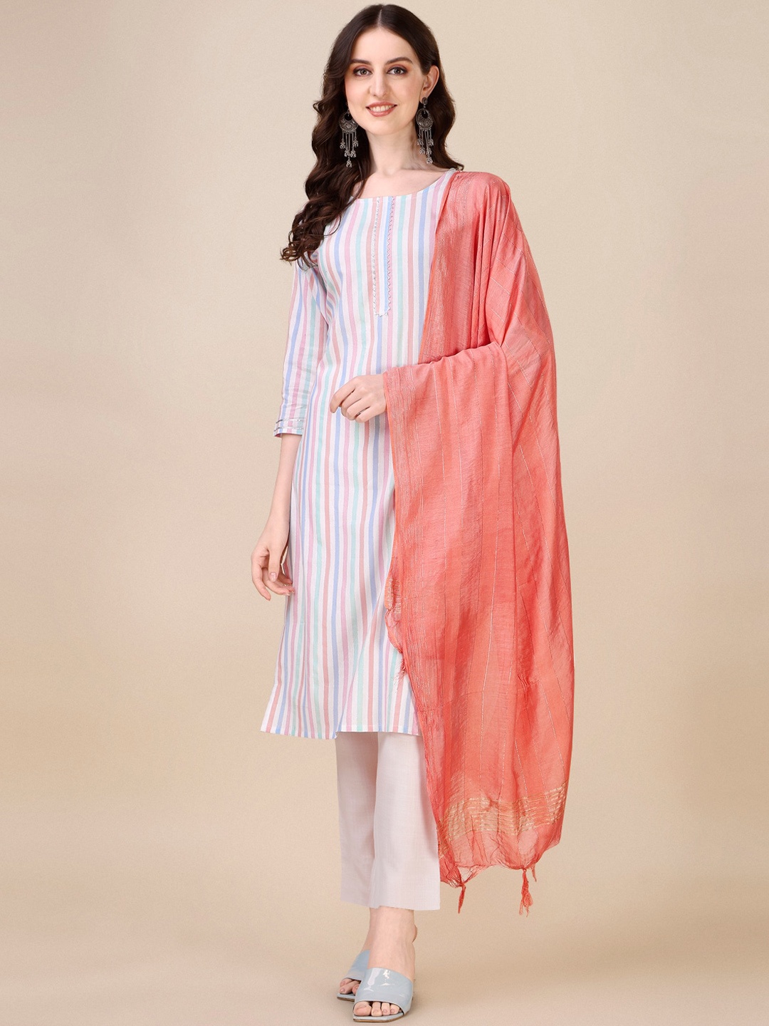 

Fashion Basket Striped Regular Kurta With Trousers & Dupatta, Pink