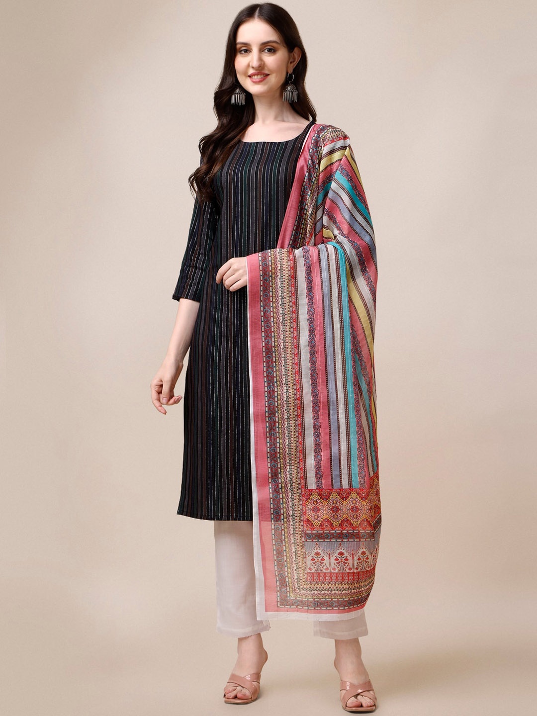 

Fashion Basket Striped Regular Kurta With Trousers & Dupatta, Black