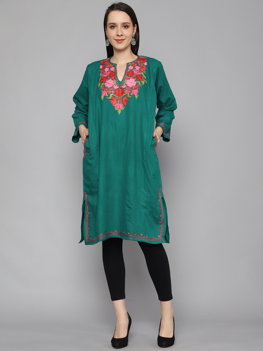 

CRAFTBAZAR Ethnic Motifs Kashmiri Embroidered Straight Kurta, Green