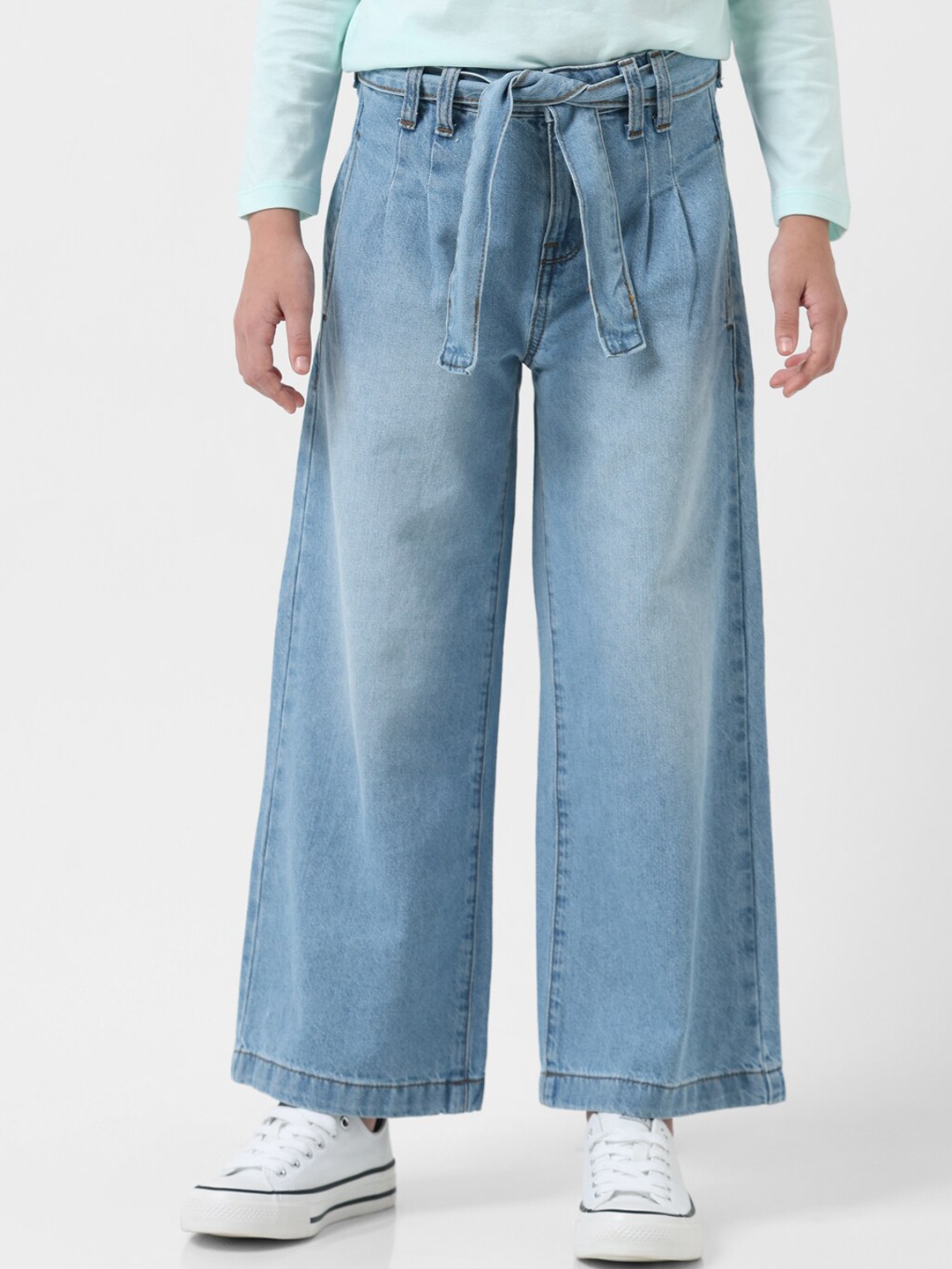 

Vero Moda Girls Wide Leg High-Rise Heavy Fade Clean Look Stretchable Jeans, Blue