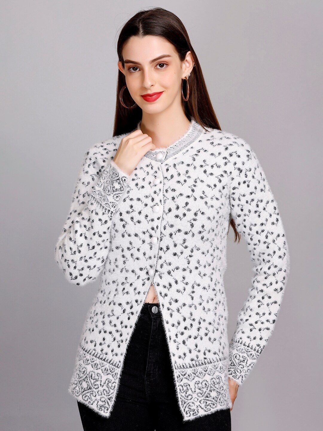 

eWools Floral Printed Stand Collar Acrylic Wool Cardigan, White