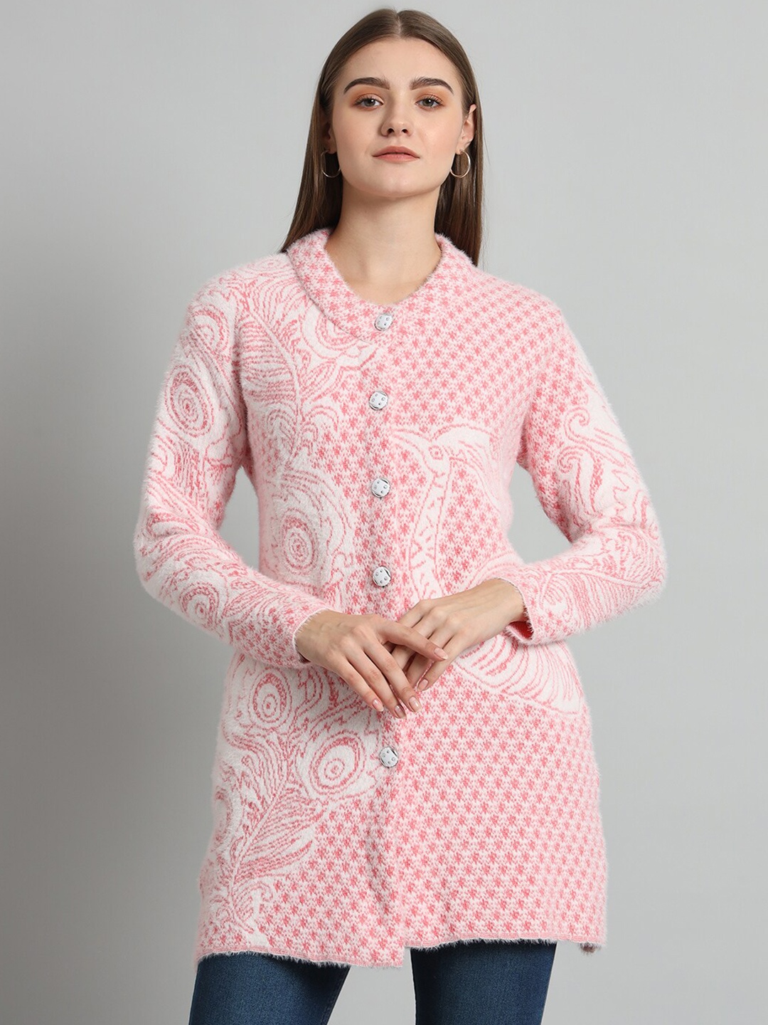 

eWools Ethnic Motifs Self Design Acrylic Woollen Longline Cardigan, Pink