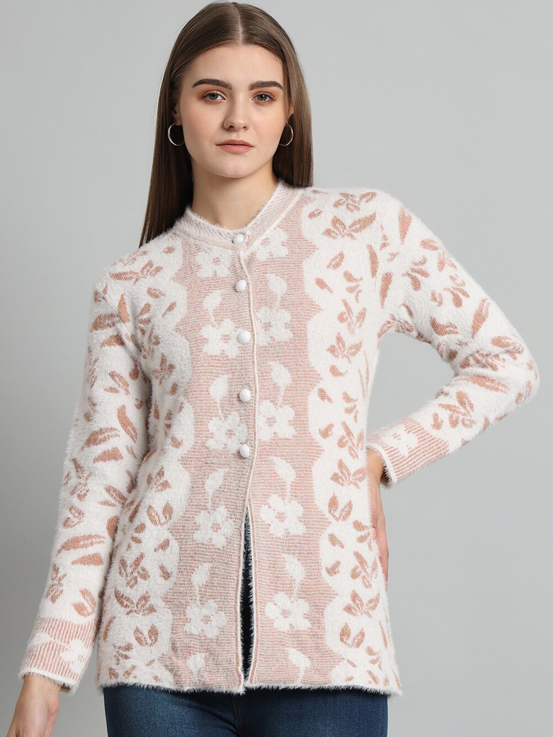 

eWools Floral Self Design Acrylic Woollen Longline Cardigan, Orange