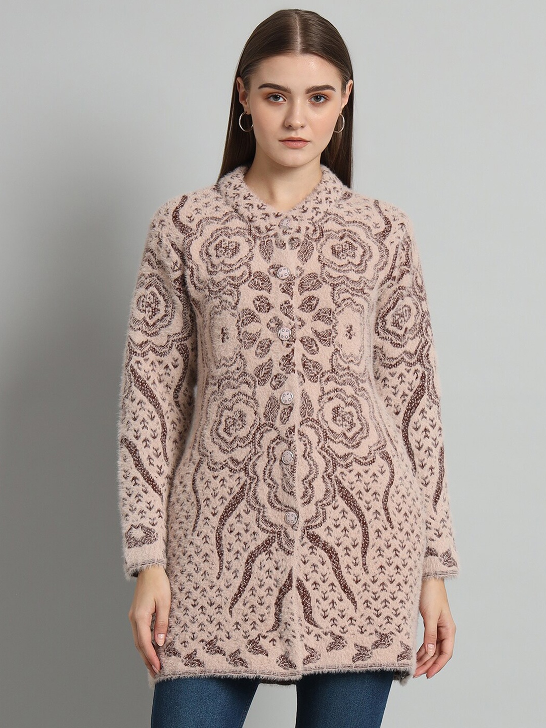

eWools Floral Printed Acrylic Wool Cardigan, Brown