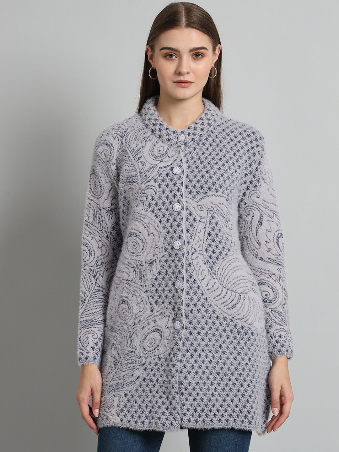 

eWools Cable Knit Self Designed Acrylic Wool Cardigan, Grey