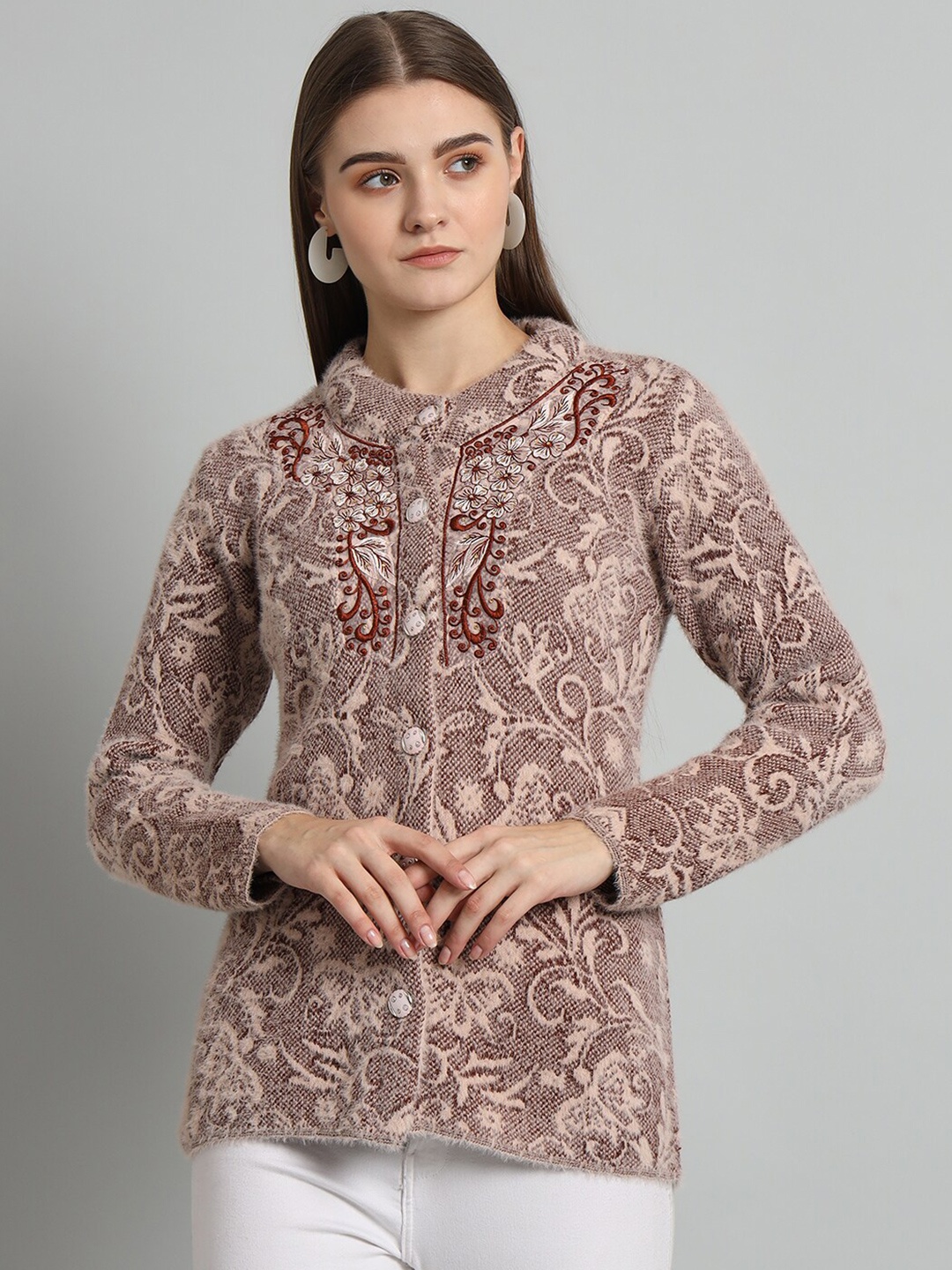 

eWools Floral Embroidered Acrylic Woollen Cardigan, Brown