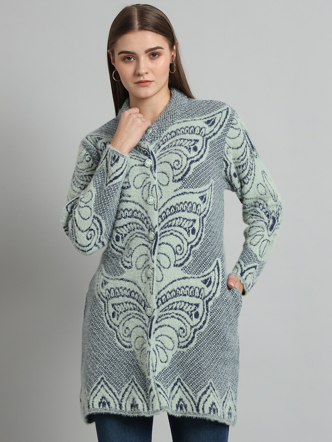 

eWools Self Designed Longline Acrylic Wool Cardigan, Green