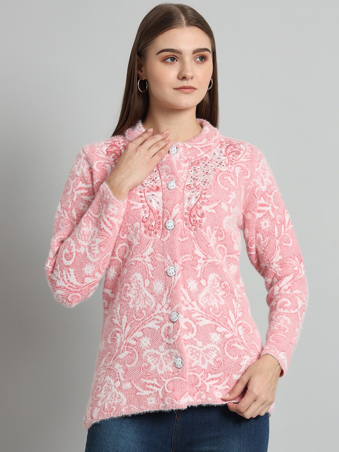 

eWools Floral Embroidered Embellished Acrylic Woollen Cardigan, Pink