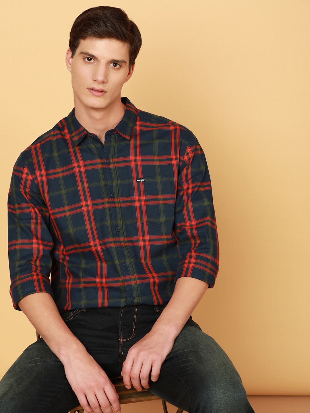 

Wrangler Standard Windowpane Checked Pure Cotton Casual Shirt, Navy blue