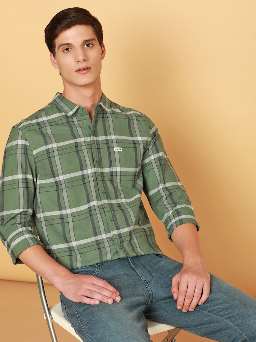 

Wrangler Standard Windowpane Checked Pure Cotton Casual Shirt, Green