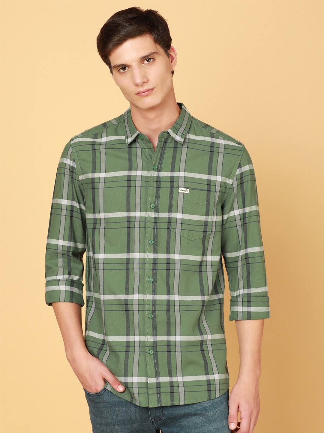 

Wrangler Standard Windowpane Checked Pure Cotton Casual Shirt, Green