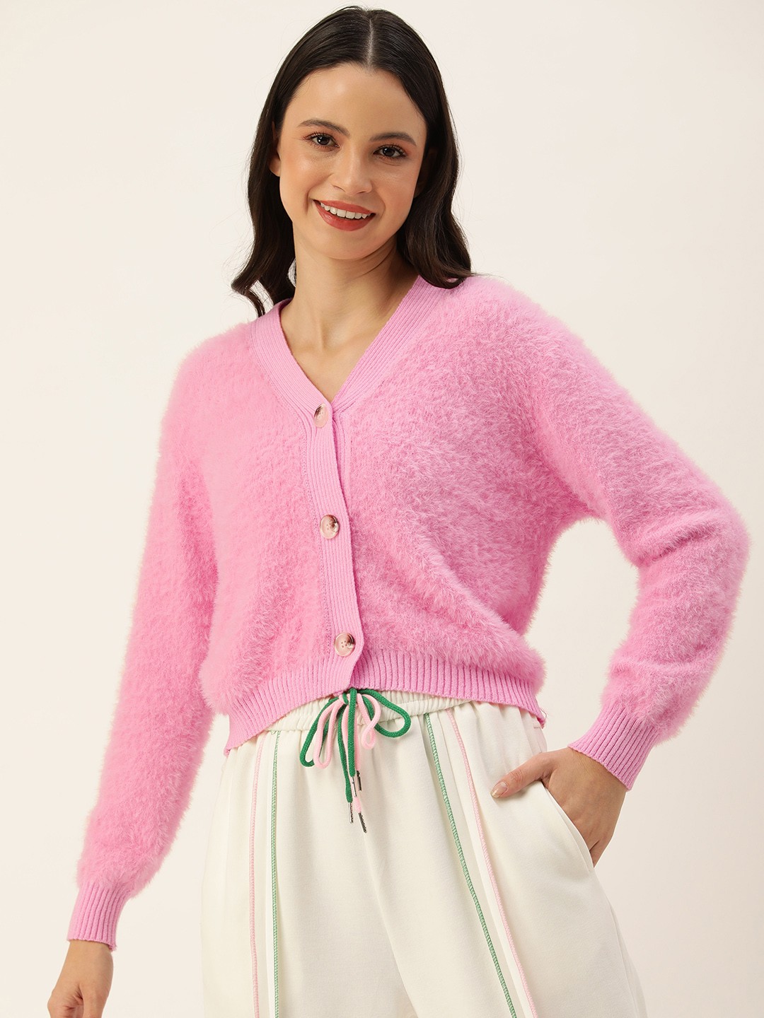 

SHECZZAR Faux Fur Detail V-Neck Cardigan, Pink