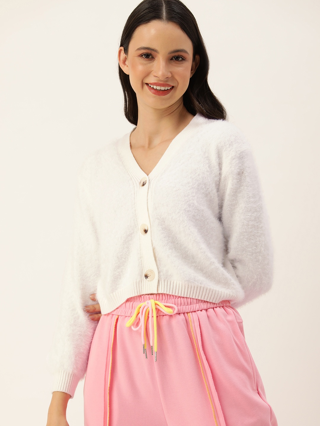 

SHECZZAR Faux Fur Detail V-Neck Cardigan, White
