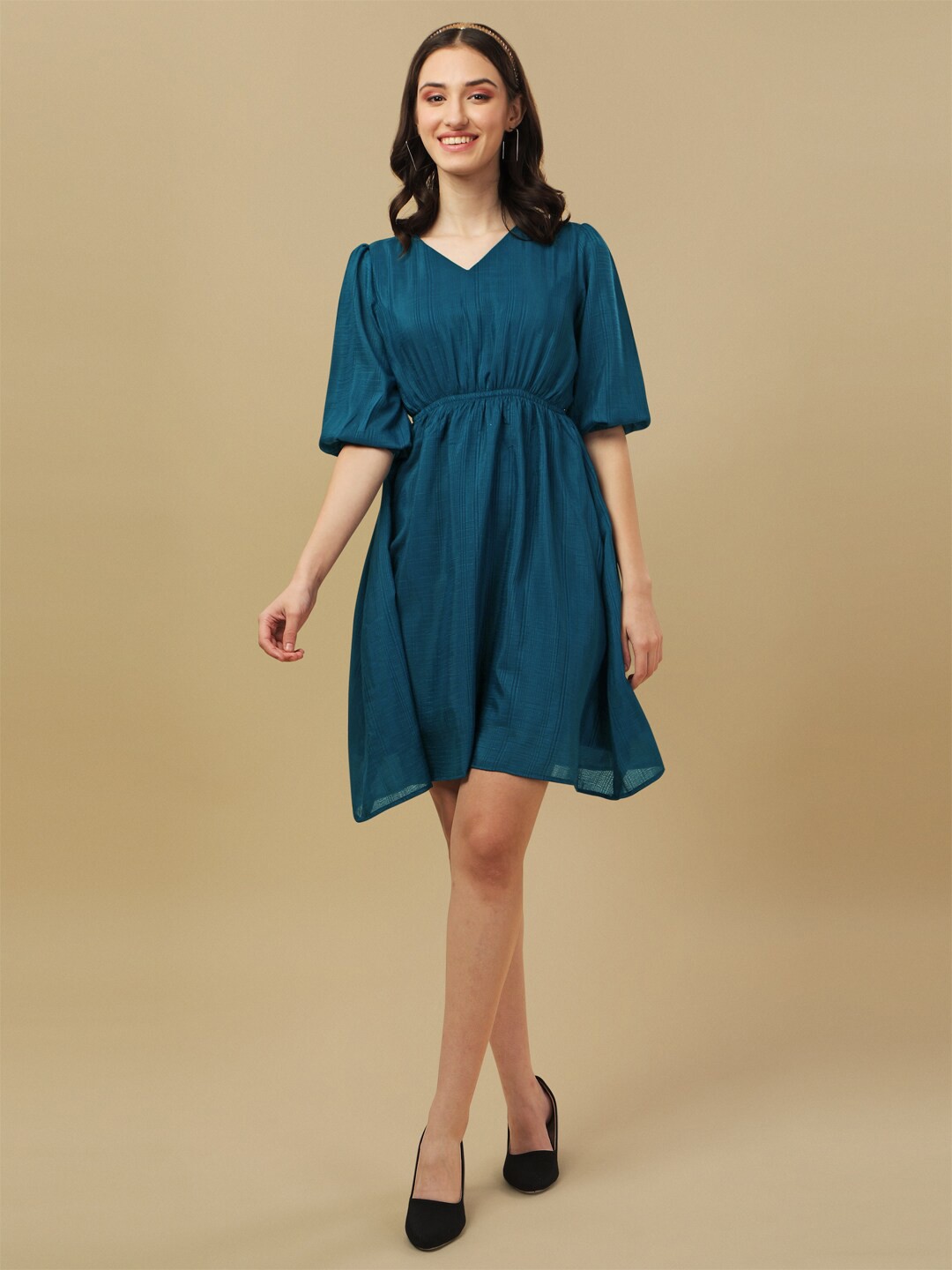 

BAESD Striped V-Neck Puff Sleeves Gathered Detailed Fit & Flare Dress, Green