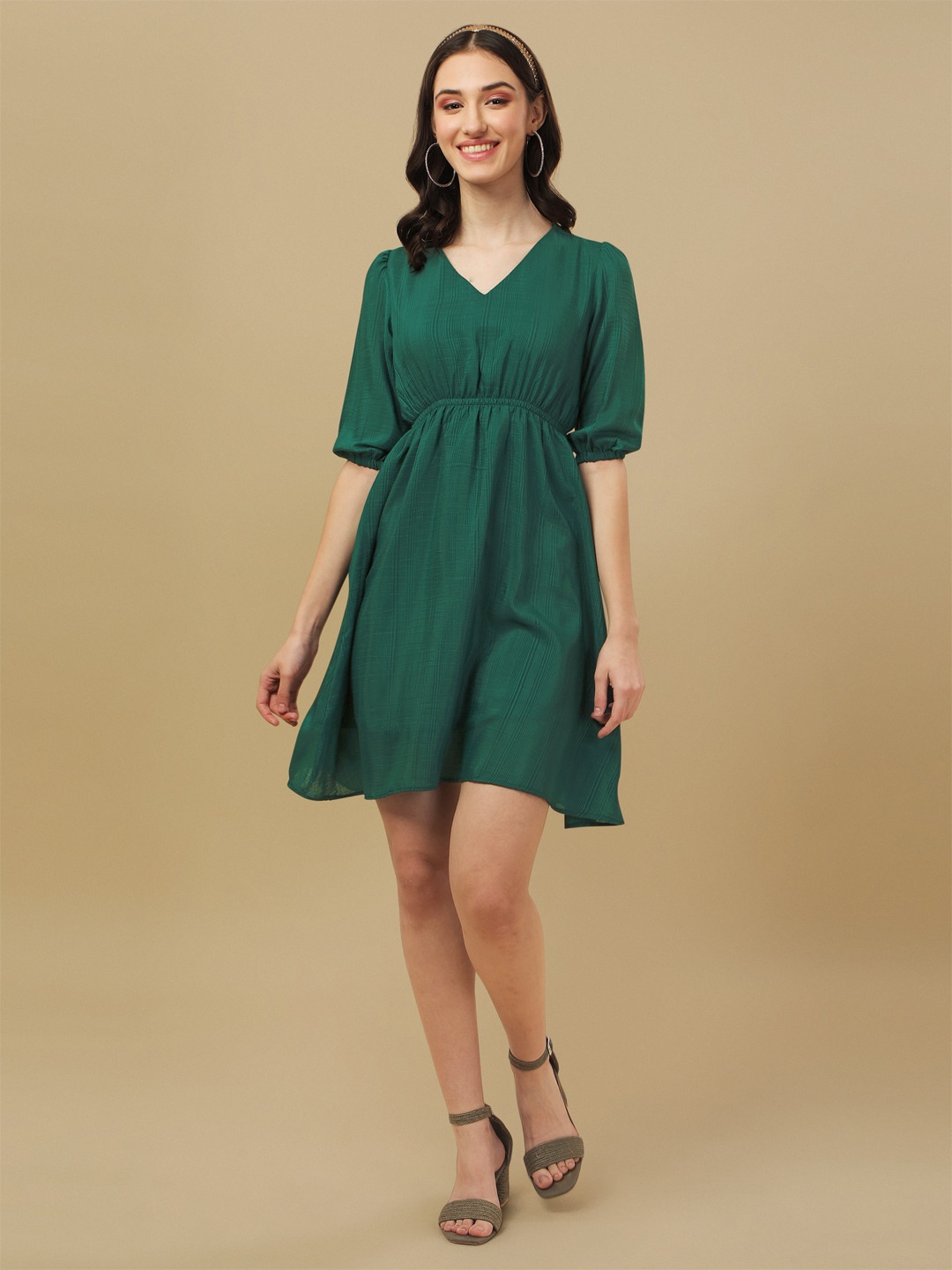 

BAESD Striped V-Neck Puff Sleeves Gathered Detailed Fit & Flare Dress, Green