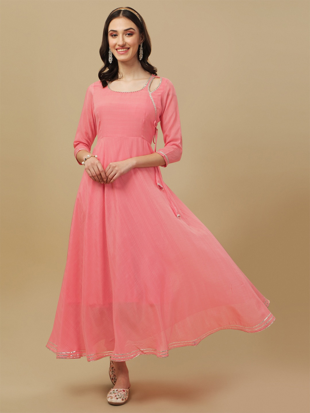 

BAESD Striped Gotta Patti Detailed Fit & Flare Midi Ethnic Dress, Peach