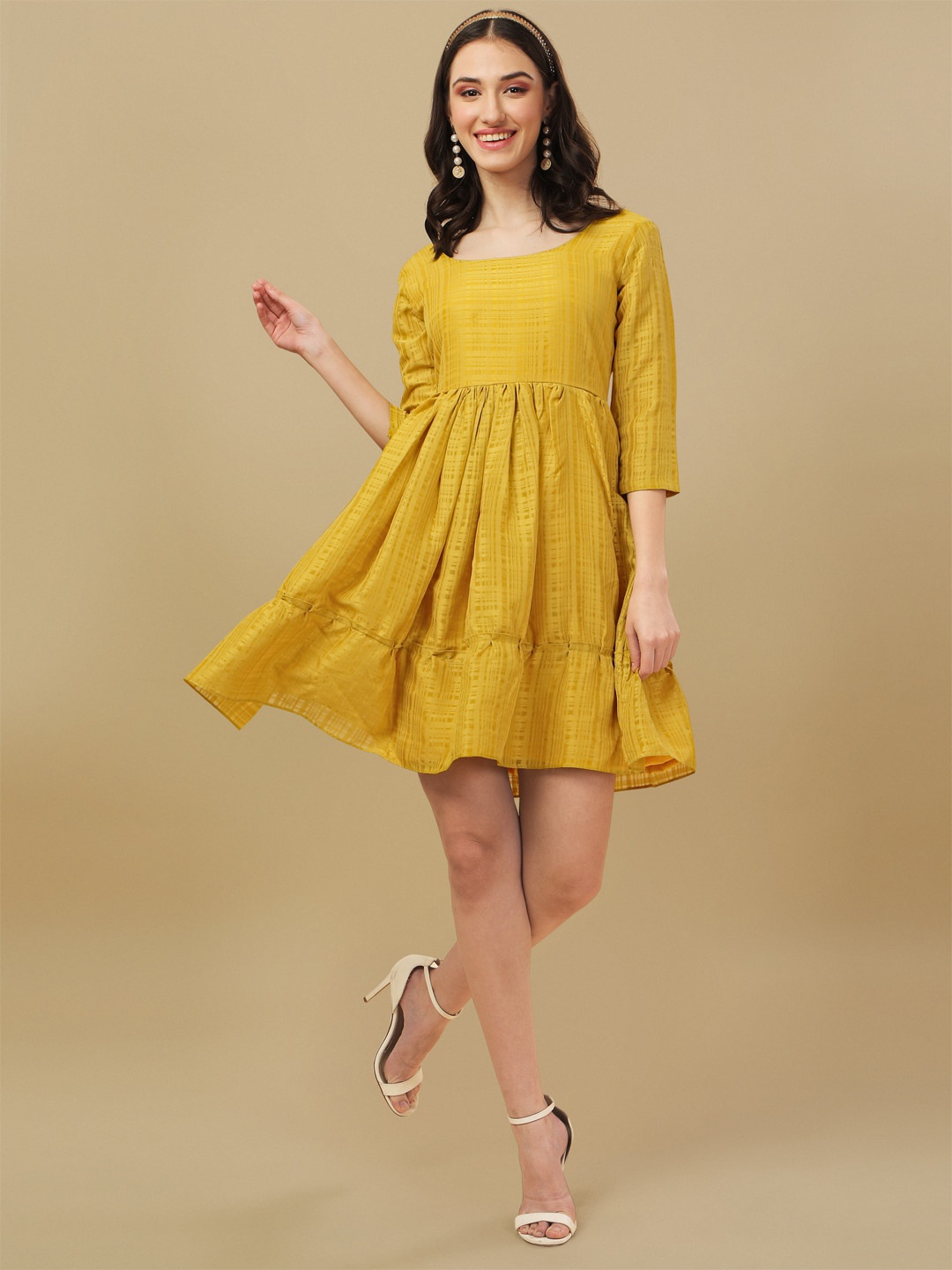 

BAESD Self Design Gathered Detailed Fit & Flare Dress, Yellow