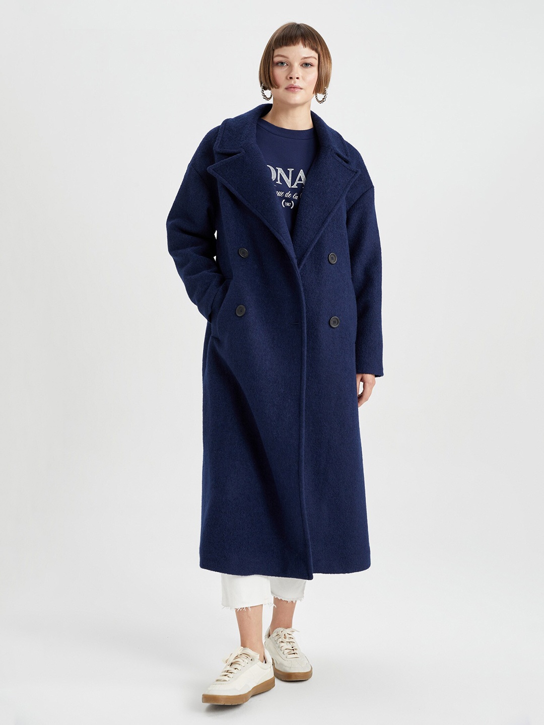 

DeFacto Notched Lapel Longline Overcoat, Navy blue