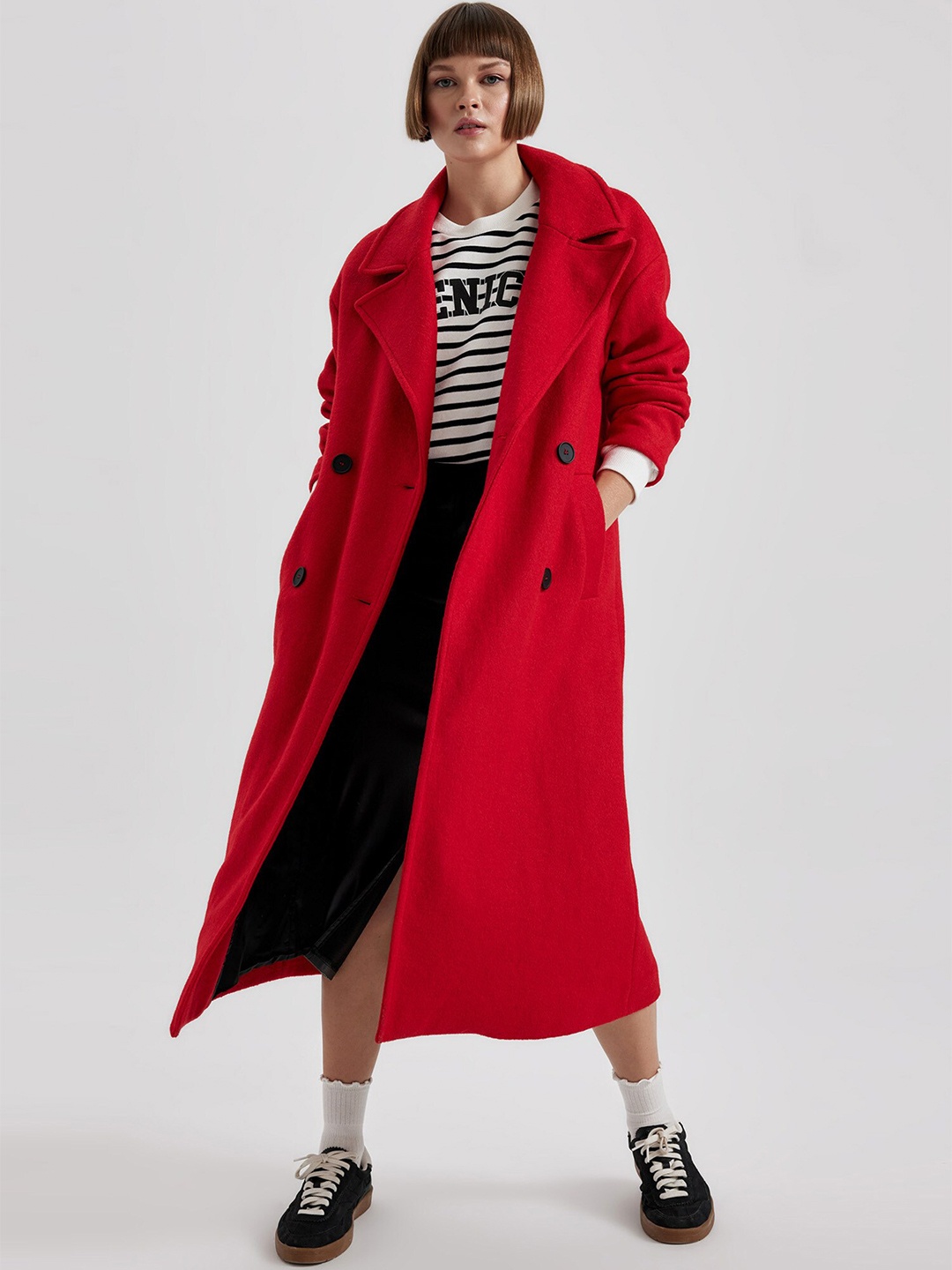 

DeFacto Notched Lapel Collar Regular Fit Longline Trench Coat, Red