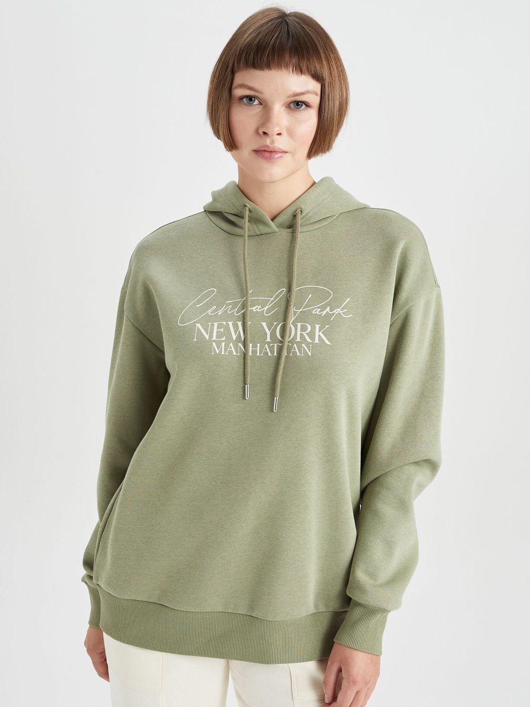 

DeFacto Printed Hooded Cotton Sweatshirt, Olive