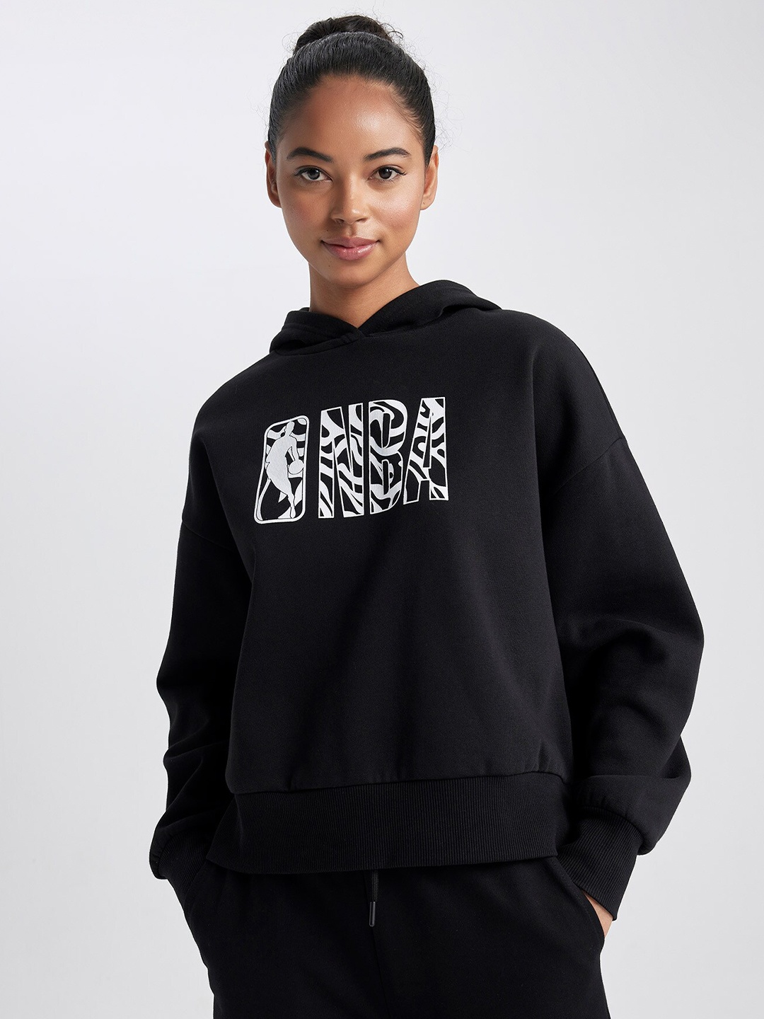 

DeFacto Printed Hooded Cotton Sweatshirt, Black