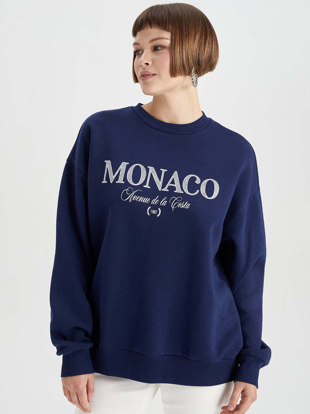 

DeFacto Typography Printed Round Neck Pullover Sweatshirt, Navy blue