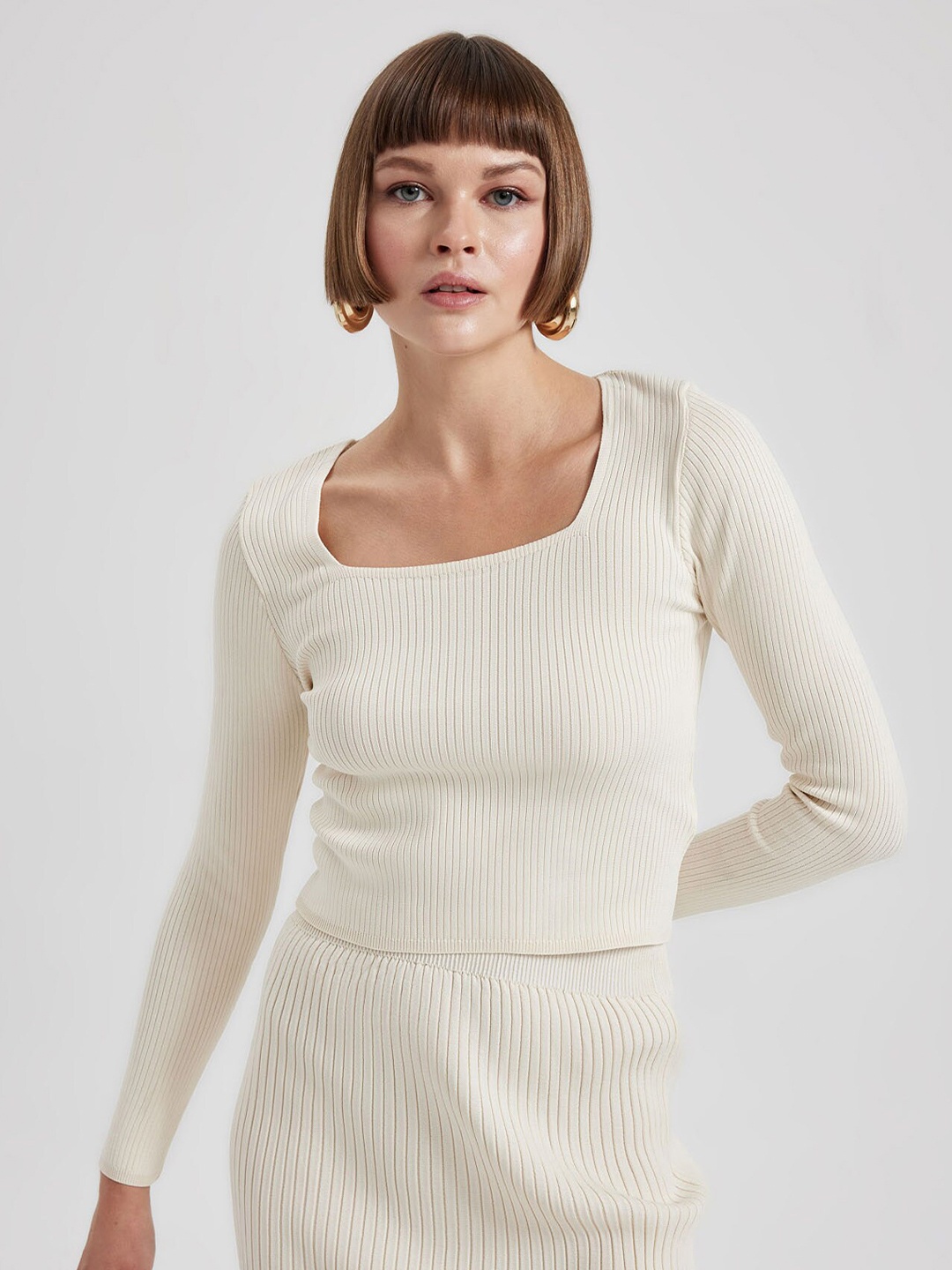 

DeFacto Ribbed Square Neck Crop Pullover, White