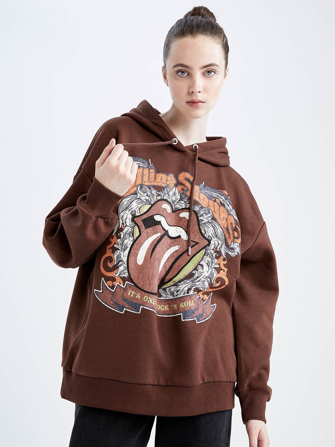 

DeFacto Graphic Printed Drop-Shoulder Sleeves Oversized Hooded Longline Sweatshirt, Brown