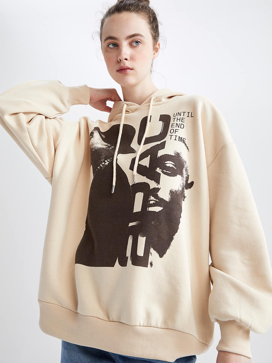 

DeFacto Printed Hooded Cotton Sweatshirt, Beige