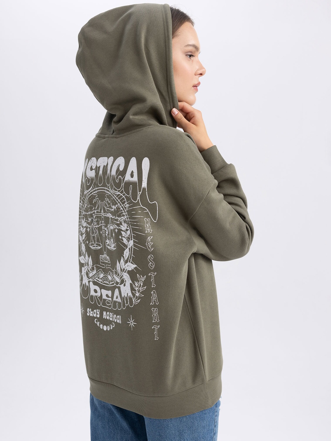 

DeFacto Typography Printed Hooded Pullover Sweatshirt, Olive