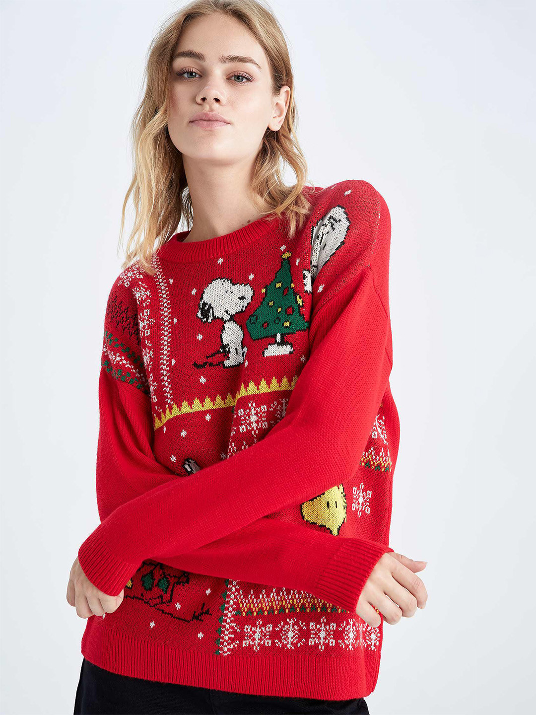

DeFacto Graphic Printed Pullover Sweater, Red