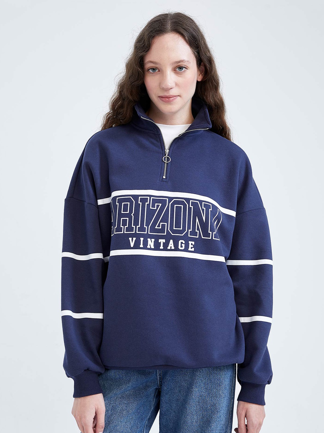 

DeFacto Typography Printed Mock Collar Half Zipper Pullover Sweatshirt, Navy blue