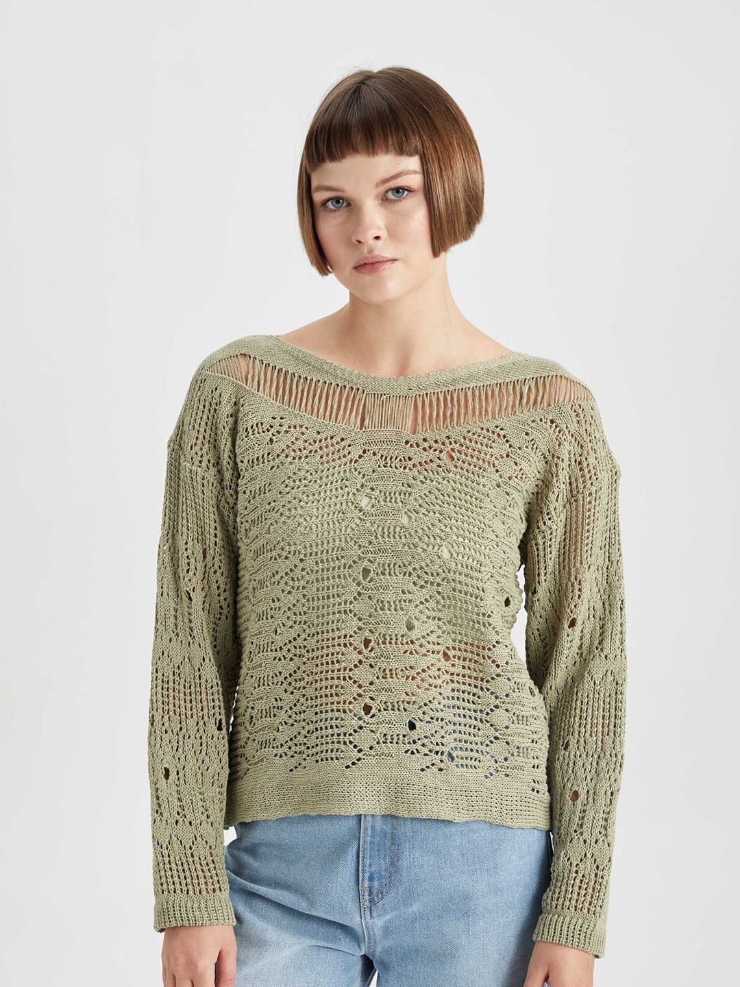 

DeFacto Self Design Cotton Sweater, Green