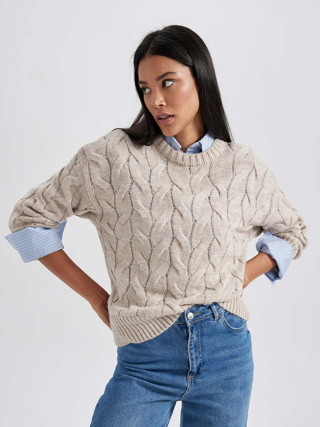 

DeFacto Cable Knit Self Design Pullover Sweater, Beige