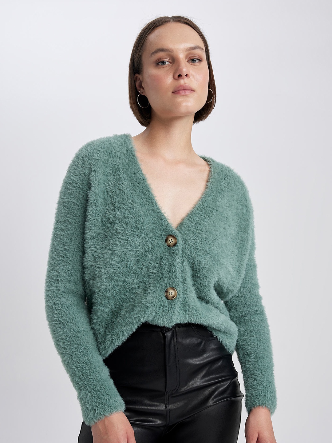 

DeFacto Self Design Boucle Crop Cardigan, Green