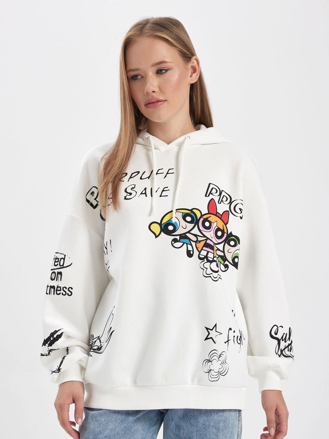 

DeFacto Powerpuff Girls Printed Hooded Pullover Sweatshirt, White