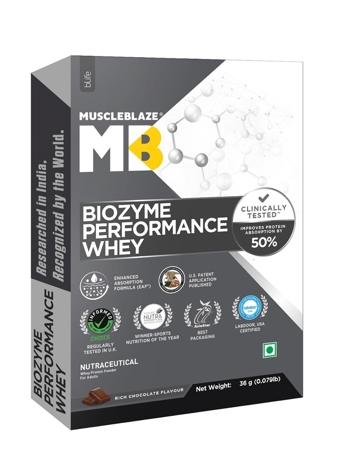 

MuscleBlaze Biozyme Performance Whey Rich Chocolate 36g, Brown