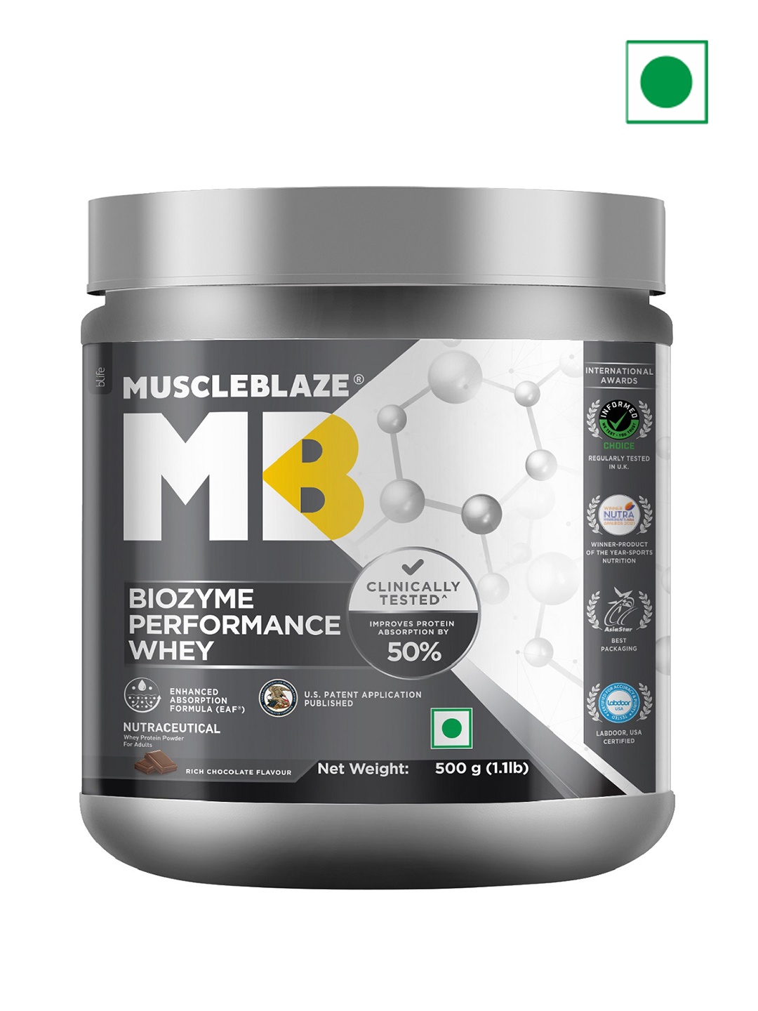 

MuscleBlaze Biozyme Performance Rich Chocolate Whey Protein Powder 500gm, Brown