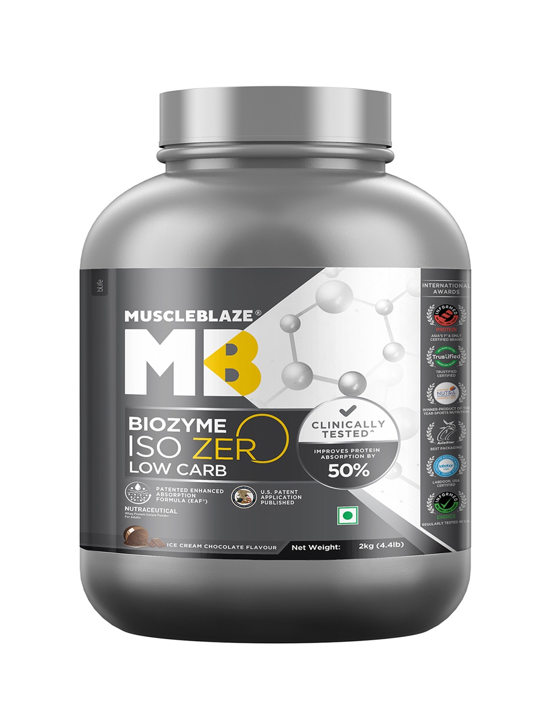 

MuscleBlaze Biozyme Iso-Zero, Low Carb, 100% Pure Whey Protein Isolate Proteins - 2Kg, Grey