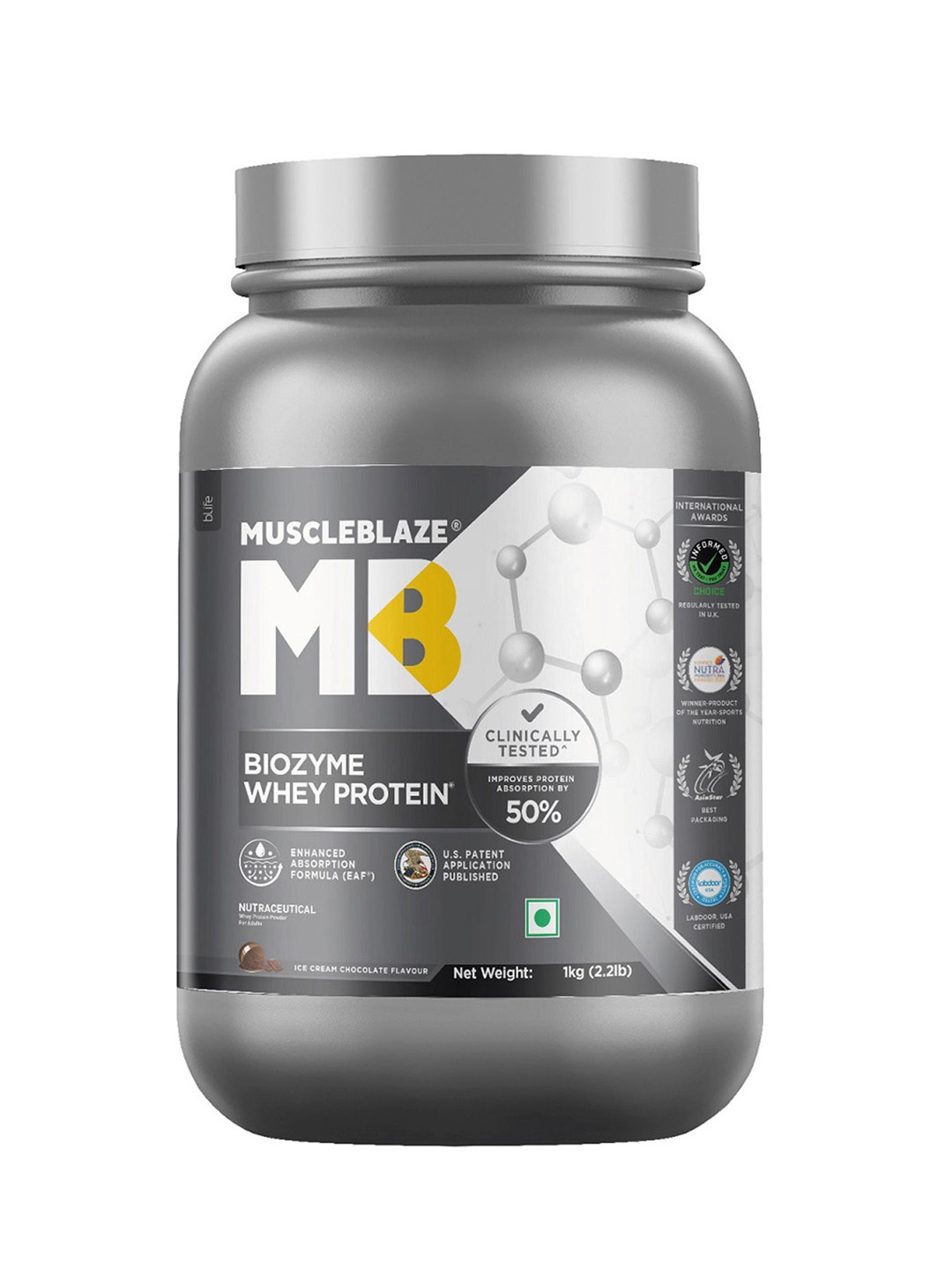 

MuscleBlaze Biozyme Whey Protein Pure Whey Isolate-1kg, Brown