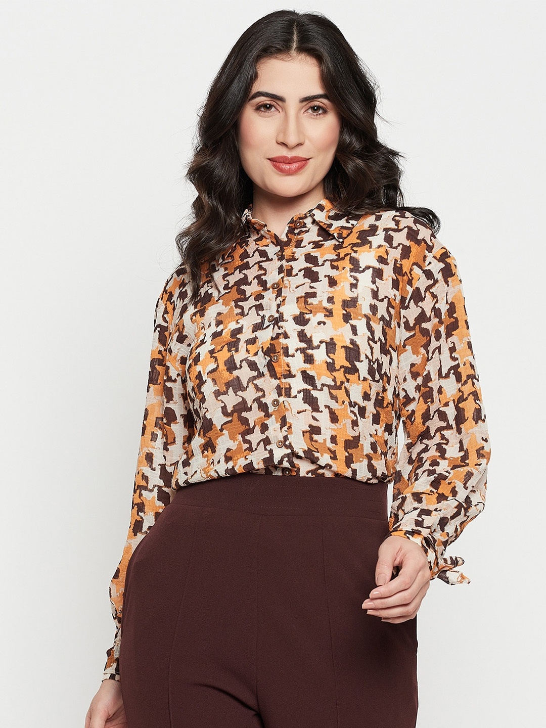 

Madame Abstract Printed Spread Collar Casual Shirt, Beige