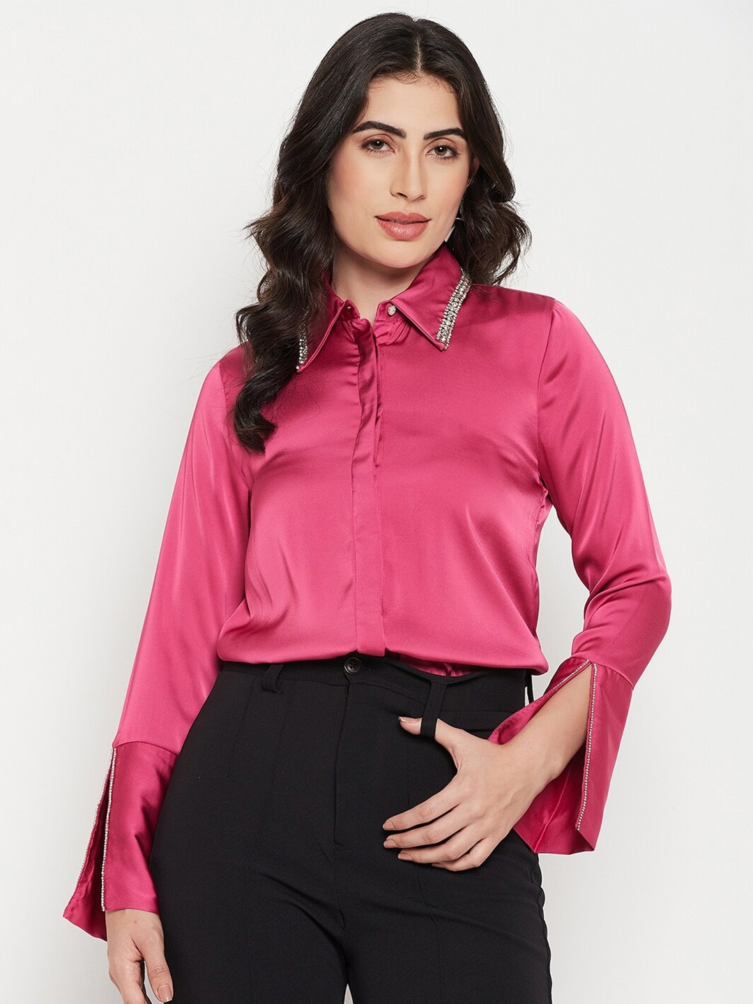 

Madame Spread Collar Embellished Casual Shirt, Pink