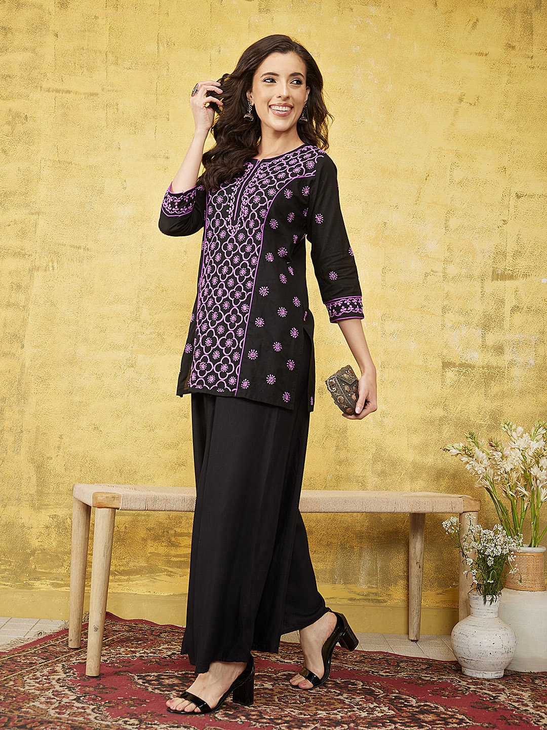 

ADA Floral Embroidered Lucknowi Chikankari Pure Cotton Kurti, Black